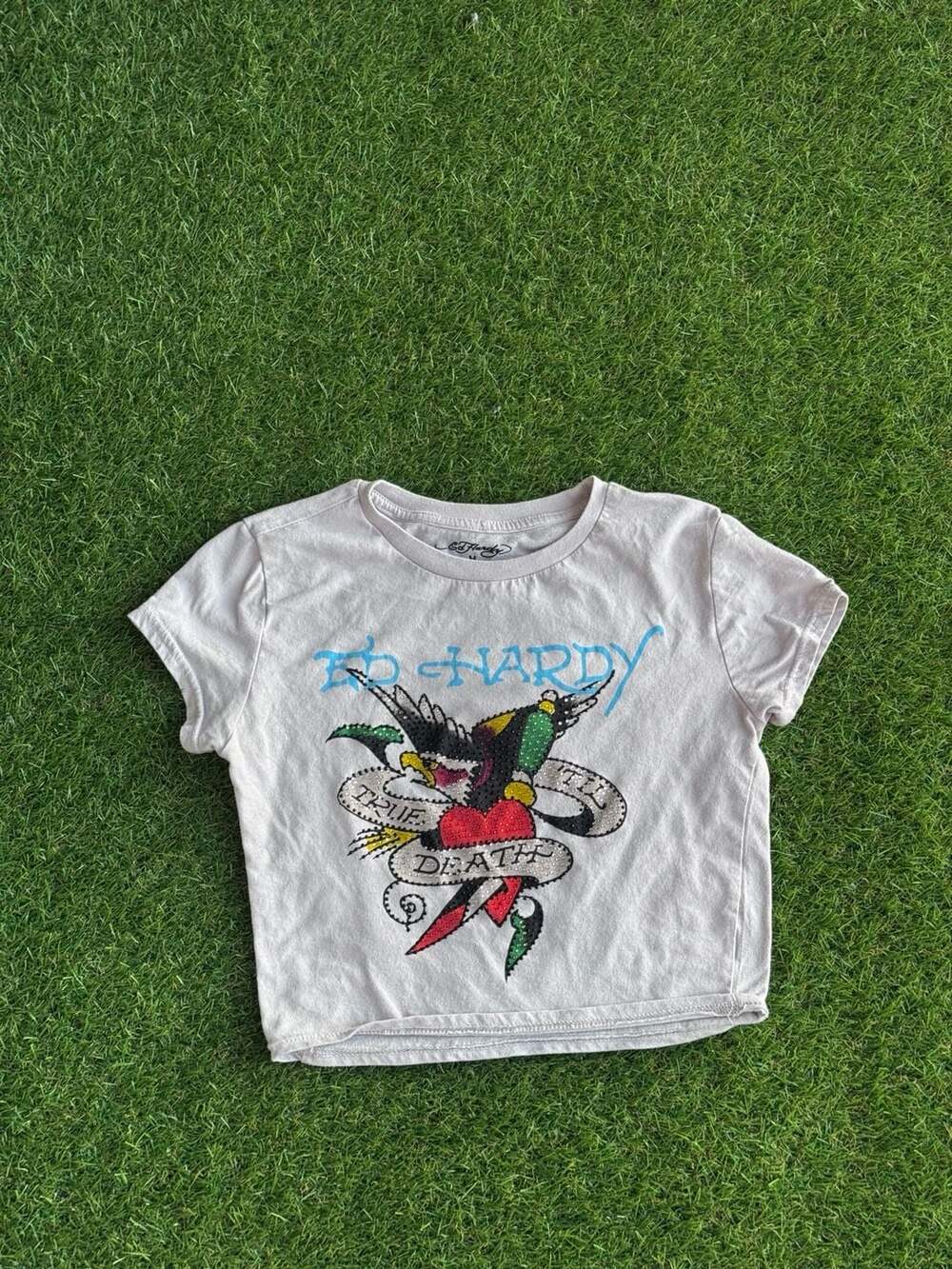 Ed Hardy True Till Death Eagle Heart Graphic Crop Top Tee
